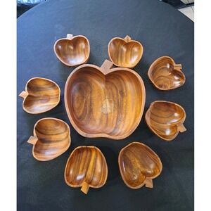 Vintage Set of 9‎ Monkey Pod Wooden Apple Shaped Hand Carved Serving Bowls
